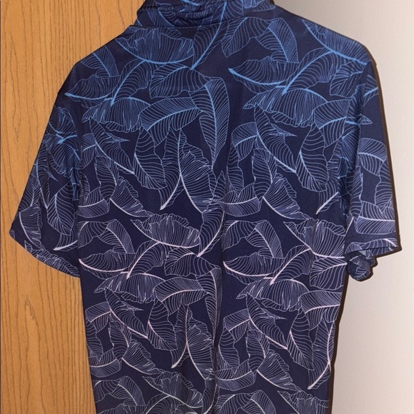 Navy Blue Leaf Print Men's Dress Shirt - Picture 2 of 4